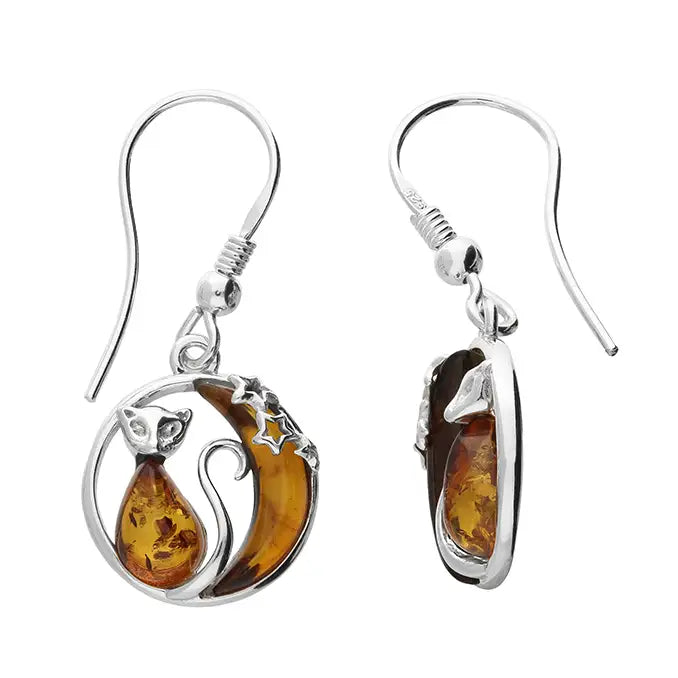 Amber and Silver Cat and Moon with Stars Drop Earrings  H5861