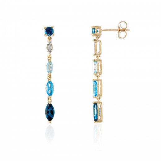 Blue Topaz & Diamond 9ct Yellow Gold Drop Earrings 8N72DBT