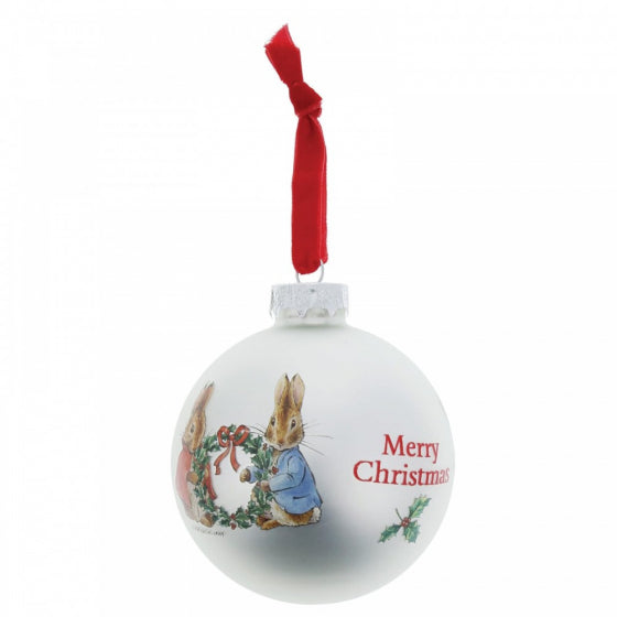 Peter Rabbit and Flopsy Holding Holy Wreath Bauble A28974