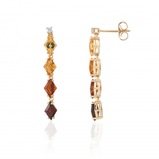 Citrine, Garnet and Diamond, 9ct Yellow Gold, Drop Earrings 8N69DCT