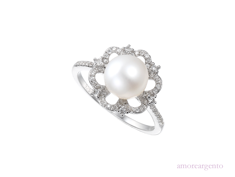 Pearl and Cubic Zirconia Silver Ring 9071