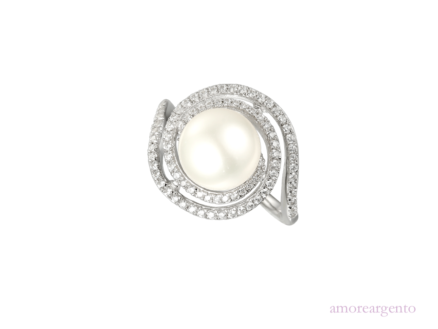Pearl and Cubic Zirconia Silver Ring 9087
