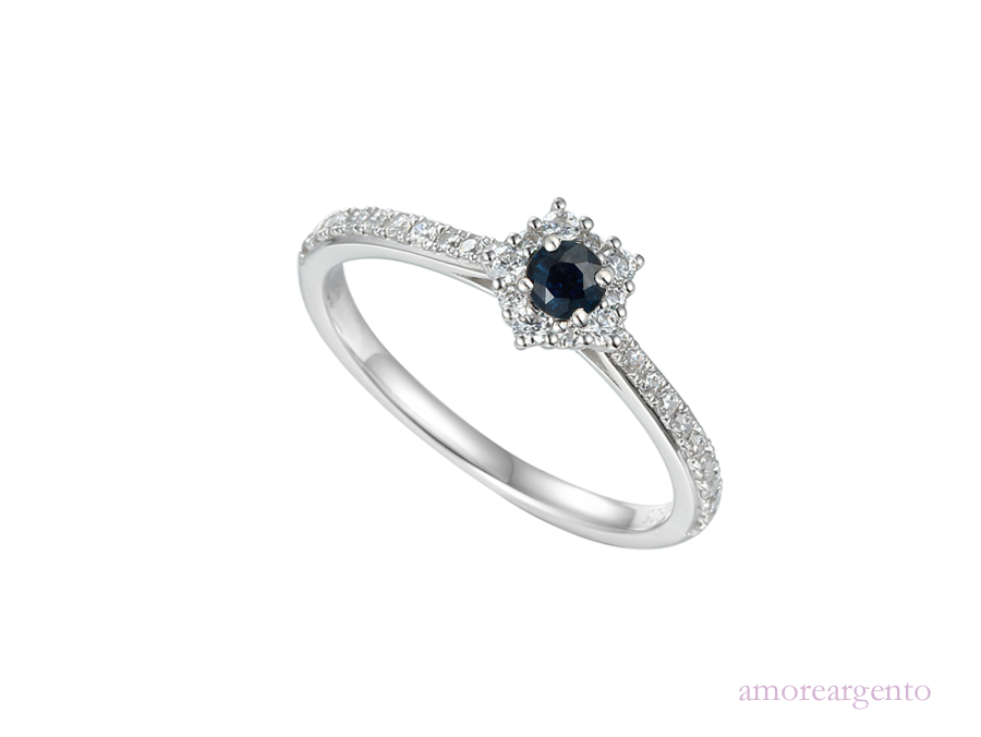Sapphire and Cubic Zirconia Silver Cluster Ring 9210s