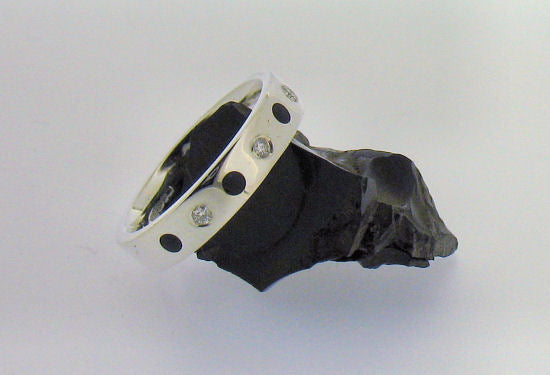 Whitby Jet and Diamond Silver Band Ring NRTSEH-04