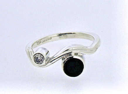 Whitby Jet and Diamond Silver Wave Ring NR-80