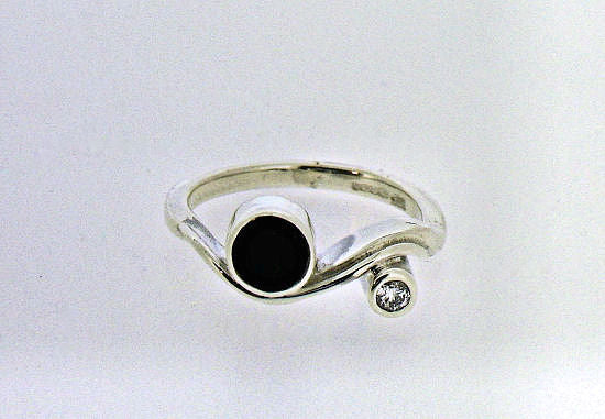 Whitby Jet and Diamond Silver Wave Ring NR-80