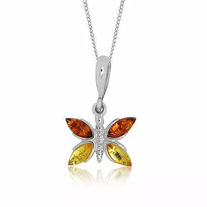 Amber and Silver Butterfly Pendant on Chain P1019X