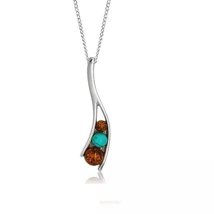 Amber and Turquoise Silver Three Bead Pendant on Chain P1067T
