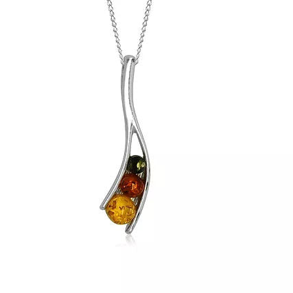 Amber and Silver Three Bead Multi Pendant on Chain P1067M