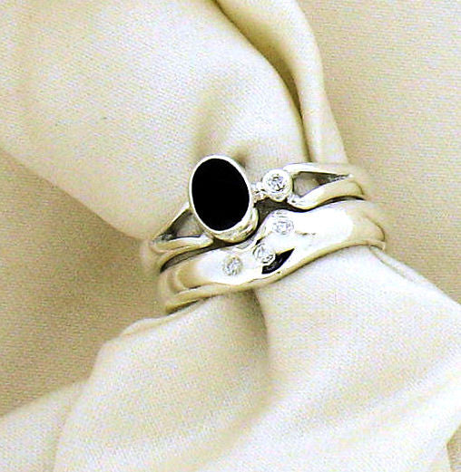 Whitby Jet and Diamond Silver Engagement and Wedding Ring Set NR-73A/75B