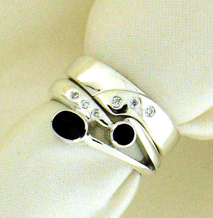 Whitby Jet and Diamond Silver Engagement and Wedding Ring Set NR-74C/76D