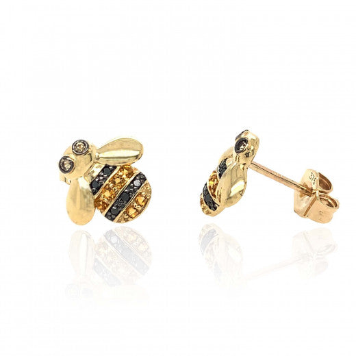 Citrine and Black Diamond, 9ct Yellow Gold Bee Stud Earrings 8L45DCT
