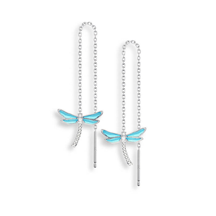 Enamel and White Sapphire Blue Dragonfly Chain Earrings NQ0321YA
